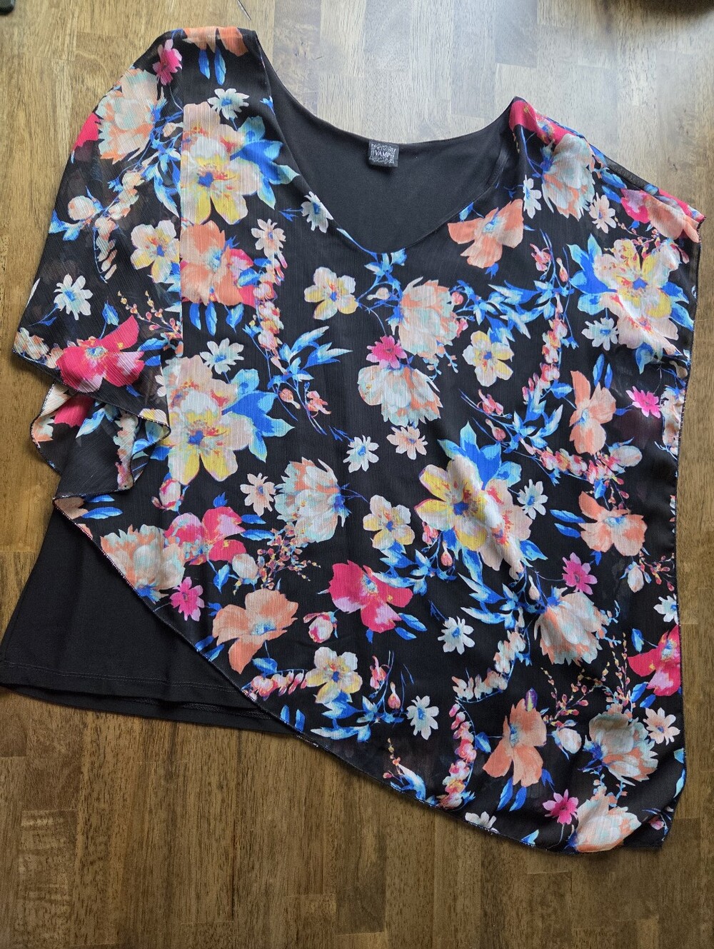 Floral Overlay V-Neck Cape Blouse Women's with Multicolor Bloom
